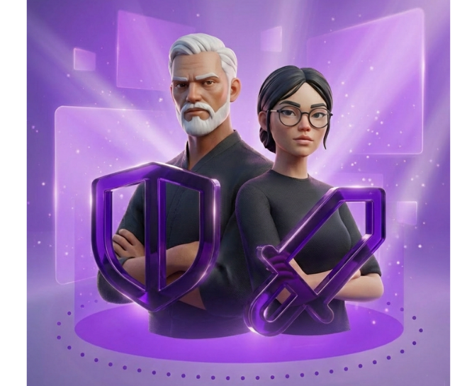 Two cybersecurity professionals symbolizing collaborative offensive and defensive roles in Hack The Box Purple Team training