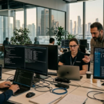 Cybersecurity professionals performing vulnerability assessment and penetration testing in a UAE enterprise office