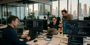 Cybersecurity professionals performing vulnerability assessment and penetration testing in a UAE enterprise office