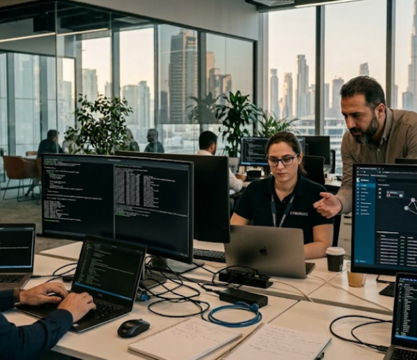 Cybersecurity professionals performing vulnerability assessment and penetration testing in a UAE enterprise office