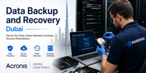 Data backup and recovery service in Dubai featuring Acronis Cyber Protect, server maintenance, secure backup, data protection, quick recovery, and business continuity.