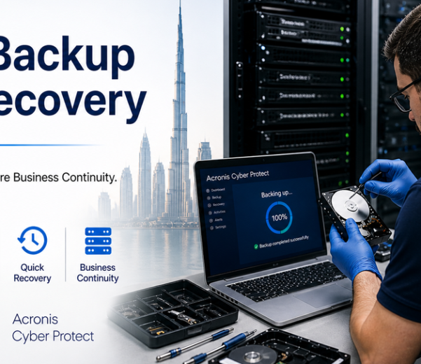 Data backup and recovery service in Dubai featuring Acronis Cyber Protect, server maintenance, secure backup, data protection, quick recovery, and business continuity.