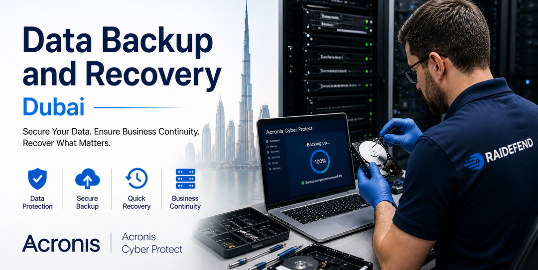 Data backup and recovery service in Dubai featuring Acronis Cyber Protect, server maintenance, secure backup, data protection, quick recovery, and business continuity.