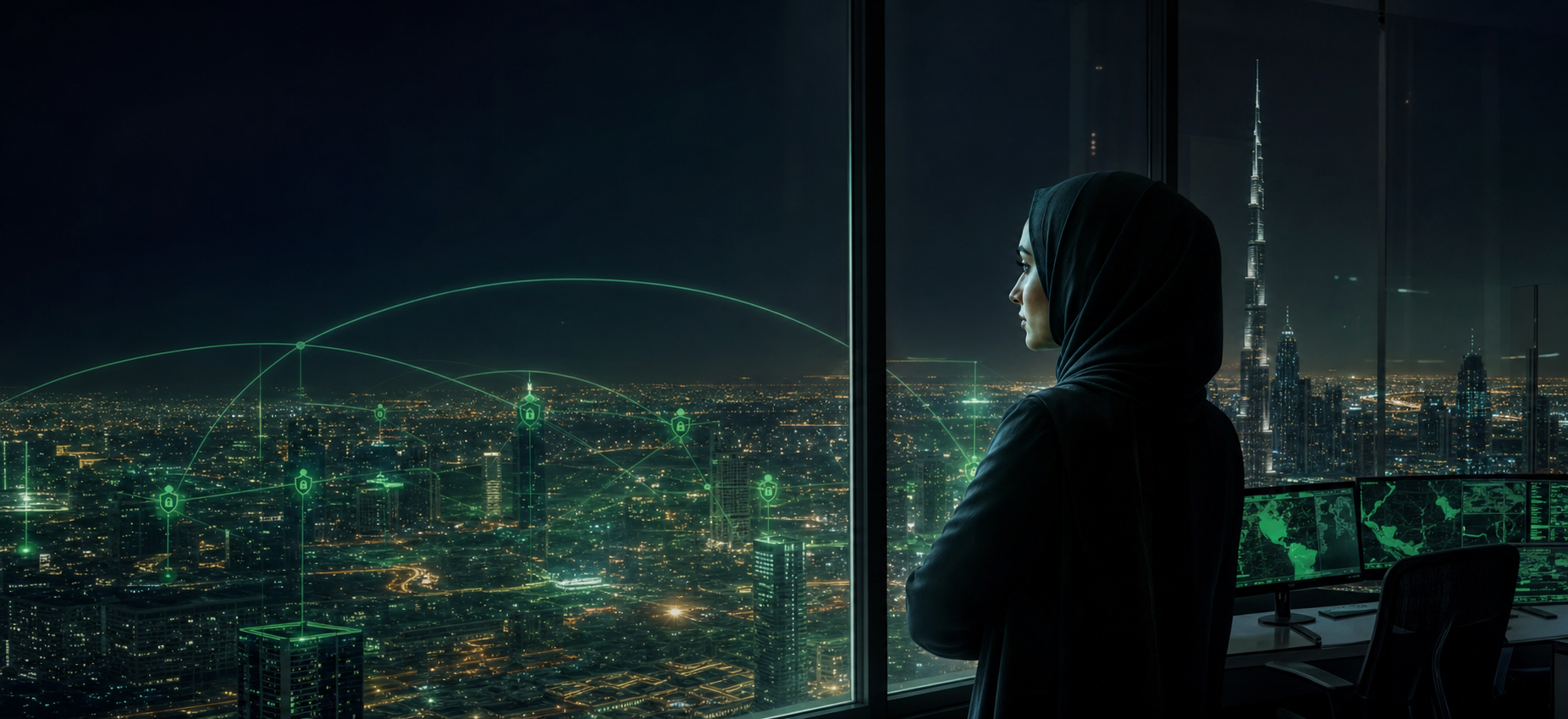 Security operations analyst overlooking protected Dubai skyline