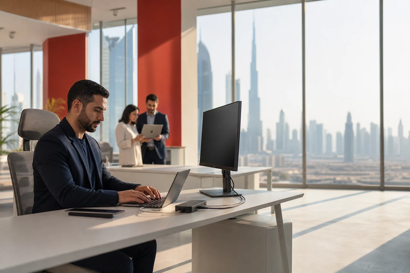 Lenovo business laptop, monitor and dock solution for a Dubai workplace