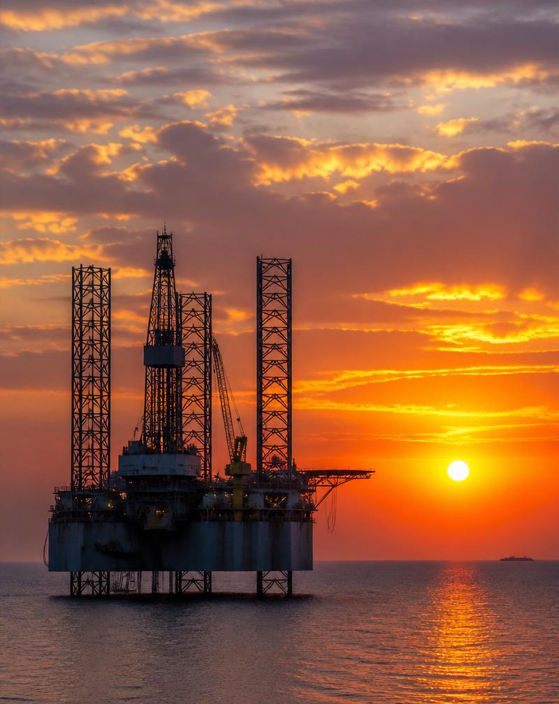 Offshore oil rig at sunset