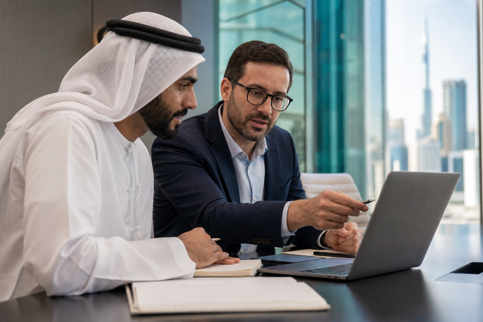 Business leaders reviewing access planning together in a Dubai office