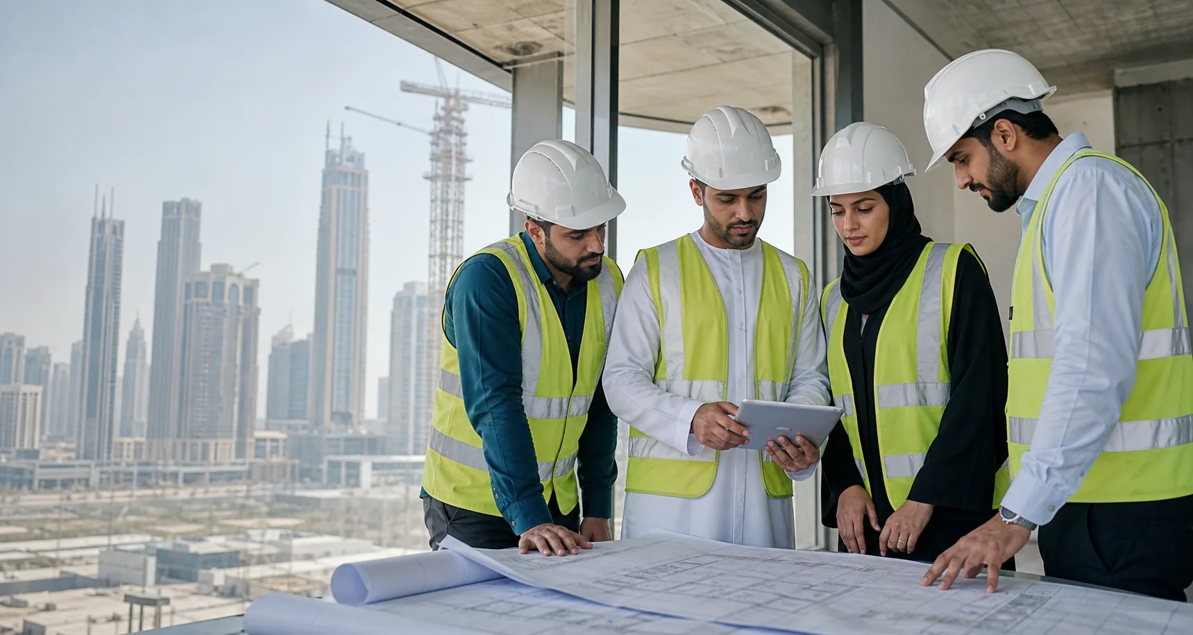 Dubai construction team reviewing project drawings and digital files in a site office