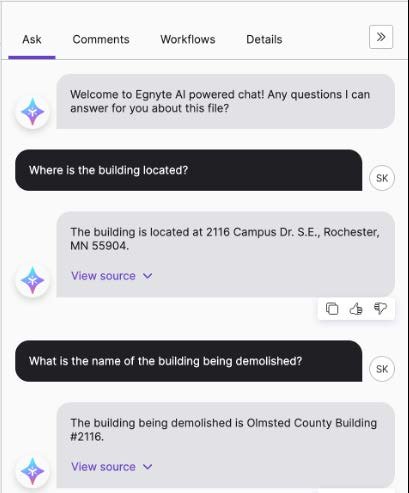 Official Egnyte Copilot Q and A interface showing a question, answer, and view source link