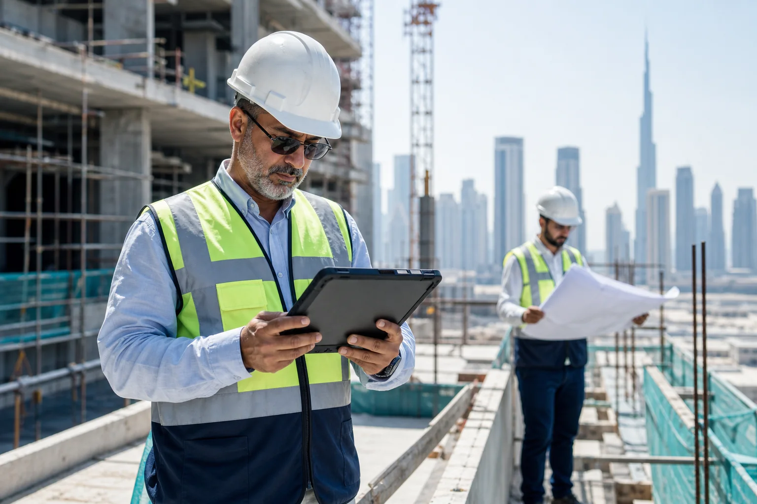 Field engineer accessing construction files on a tablet at a Dubai jobsite
