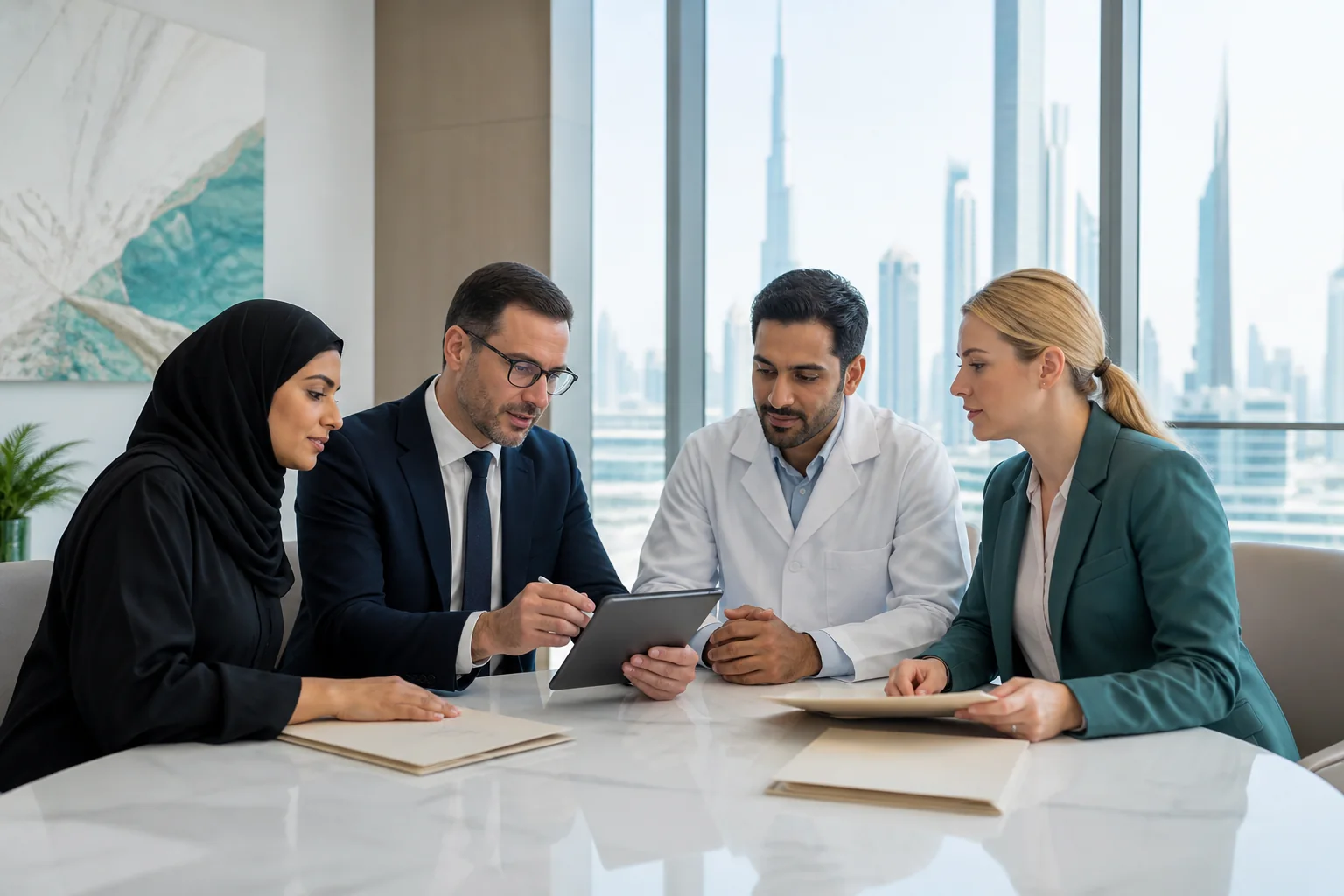 Healthcare department leaders and an approved partner collaborating in a Dubai meeting room