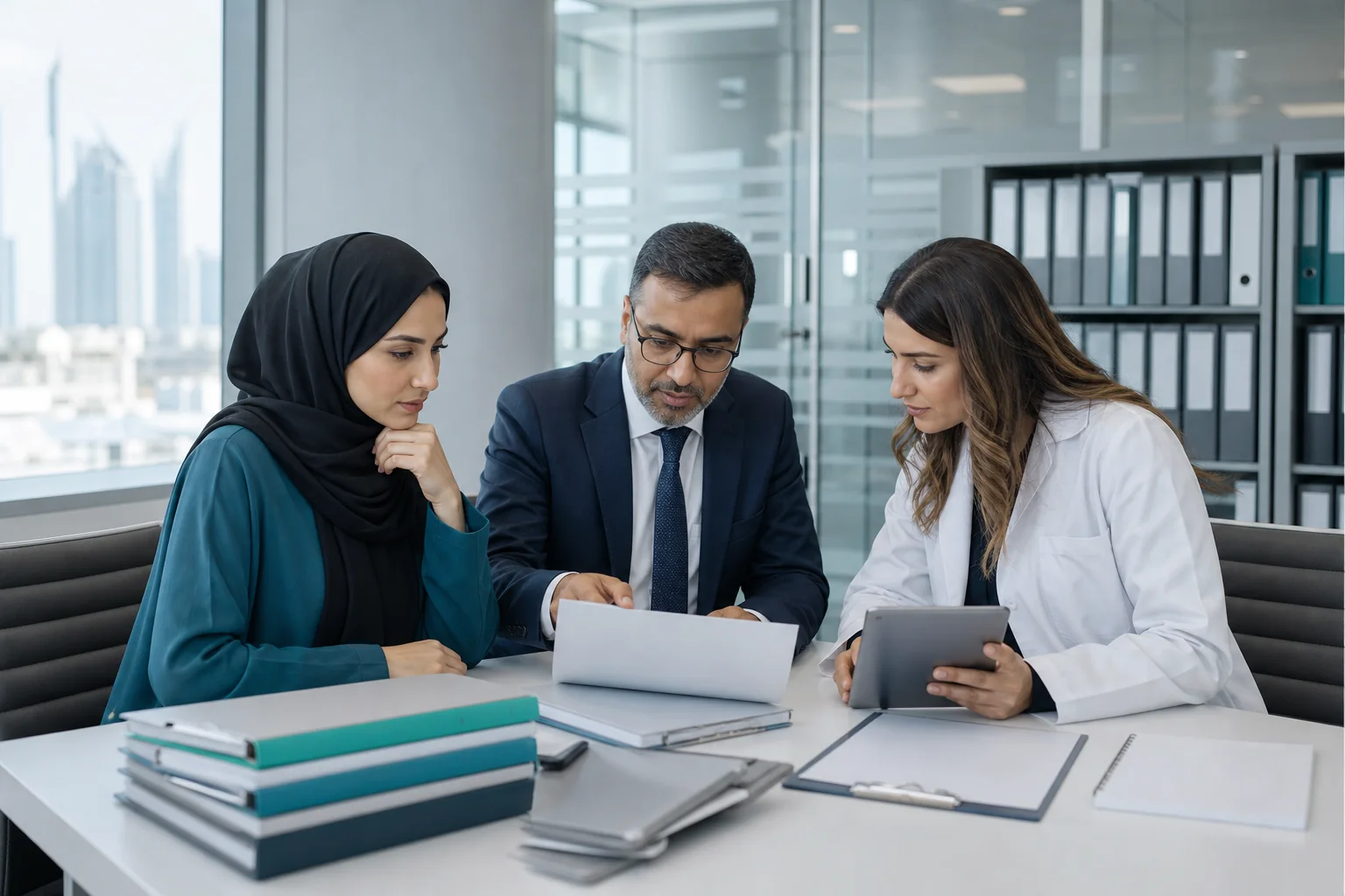 Healthcare quality team reviewing controlled documents and partner files in Dubai