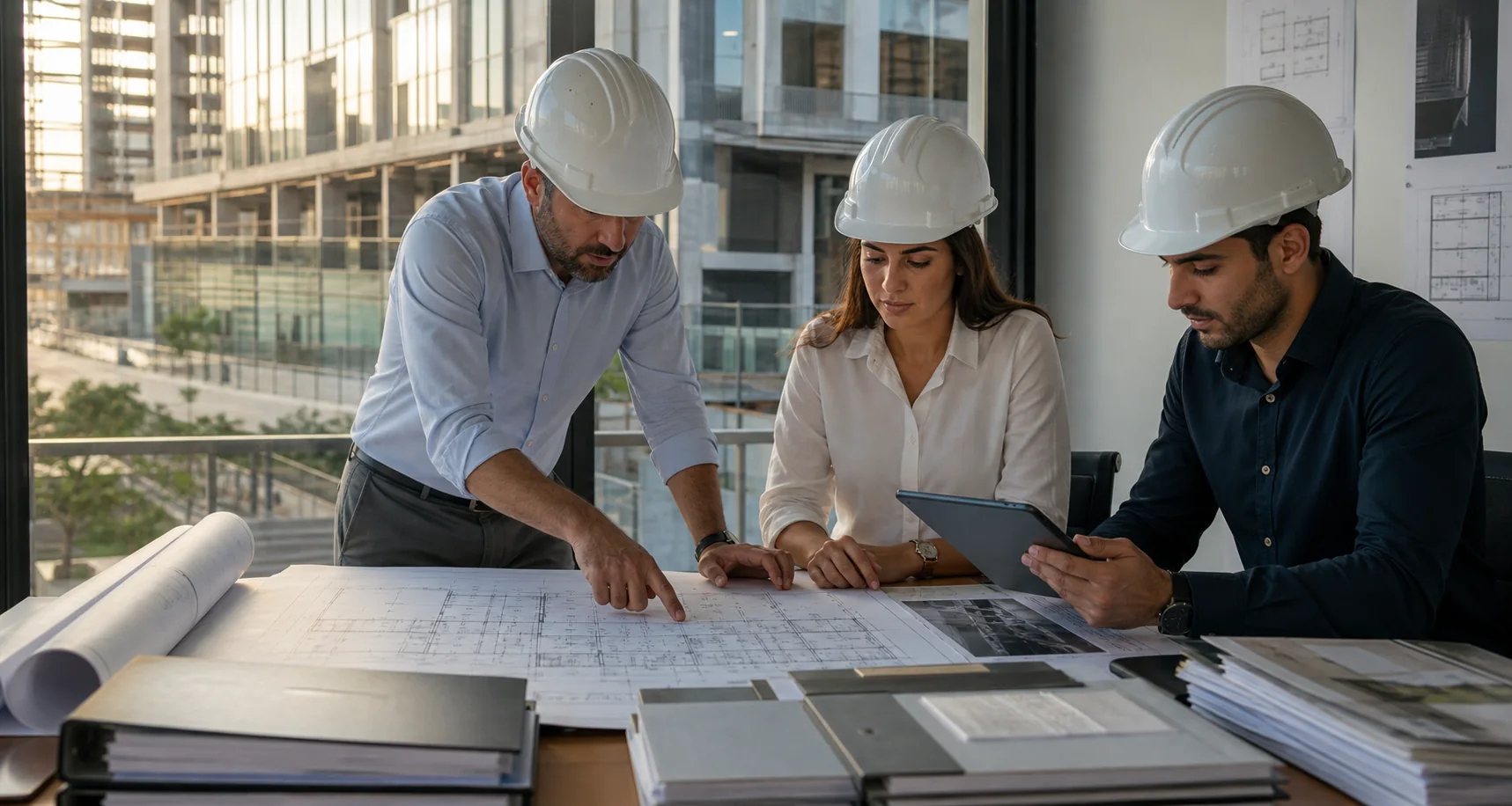 Project team reviewing as-built drawings and handover records in Dubai