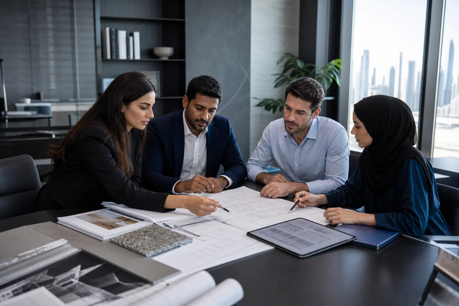 Multidisciplinary consultants coordinating approved engineering documents in a Dubai design studio