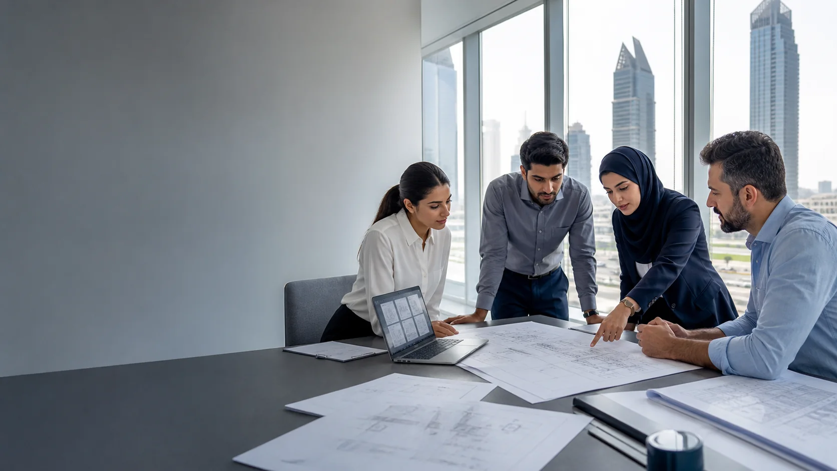 Dubai engineering team reviewing drawings, specifications and design calculations