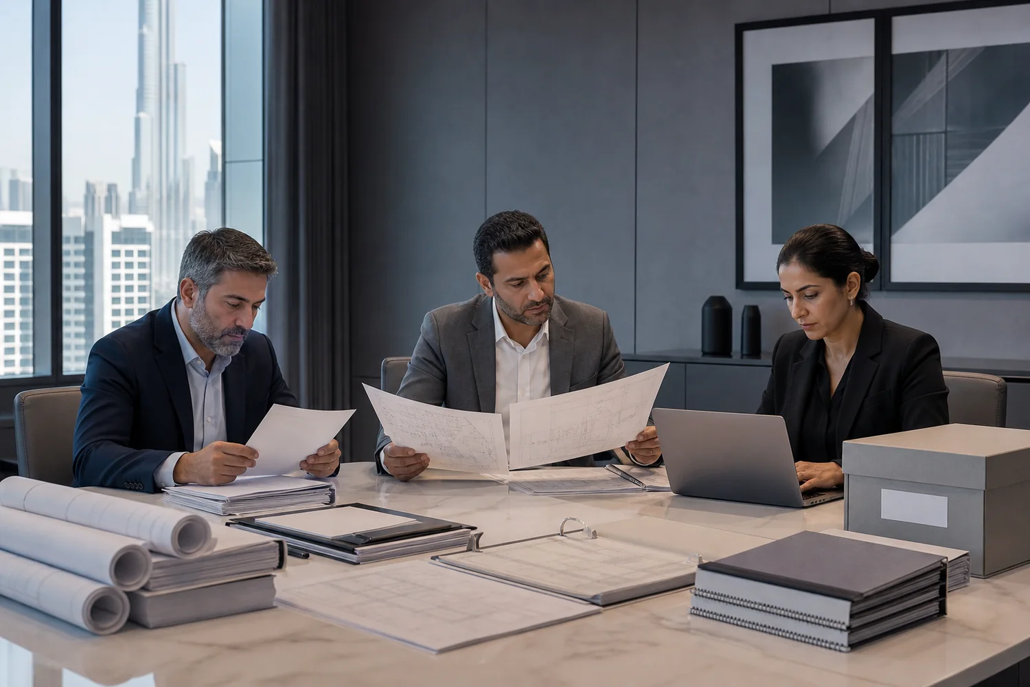 Engineering team reviewing as-built drawings and final technical handover records in Dubai