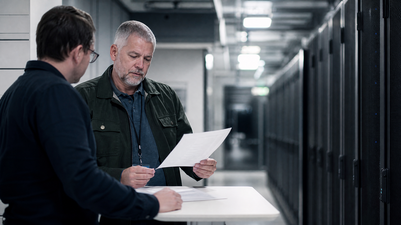 Technical security team reviewing content access evidence in a secure infrastructure corridor