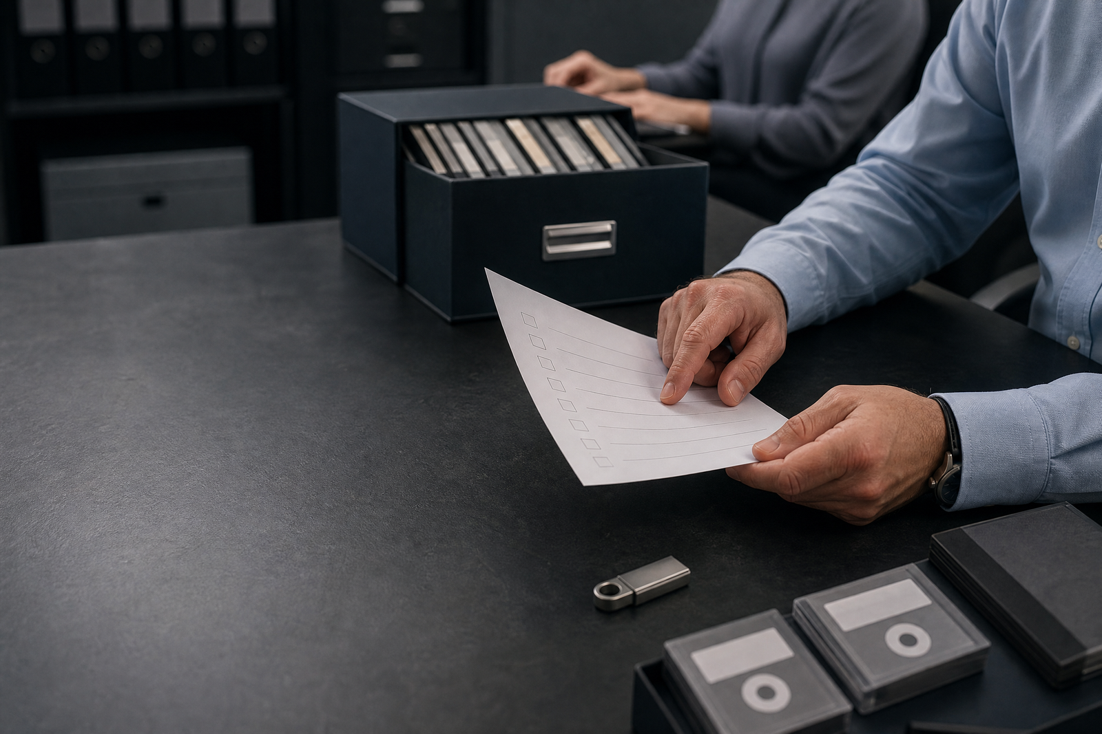 IT recovery planner reviewing a file restoration checklist and secure records