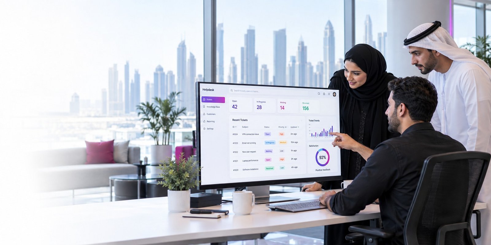 A Dubai MSP team evaluating the Best PSA Software in Dubai on a helpdesk dashboard