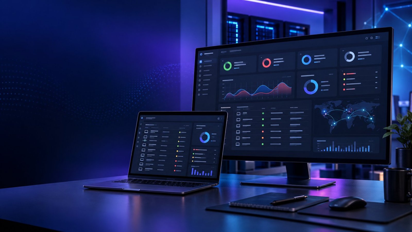 Modern remote monitoring dashboard showing endpoint health, alerts, patch status and network activity