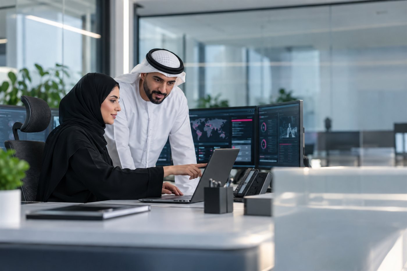 Two IT professionals collaborating at a secure service desk