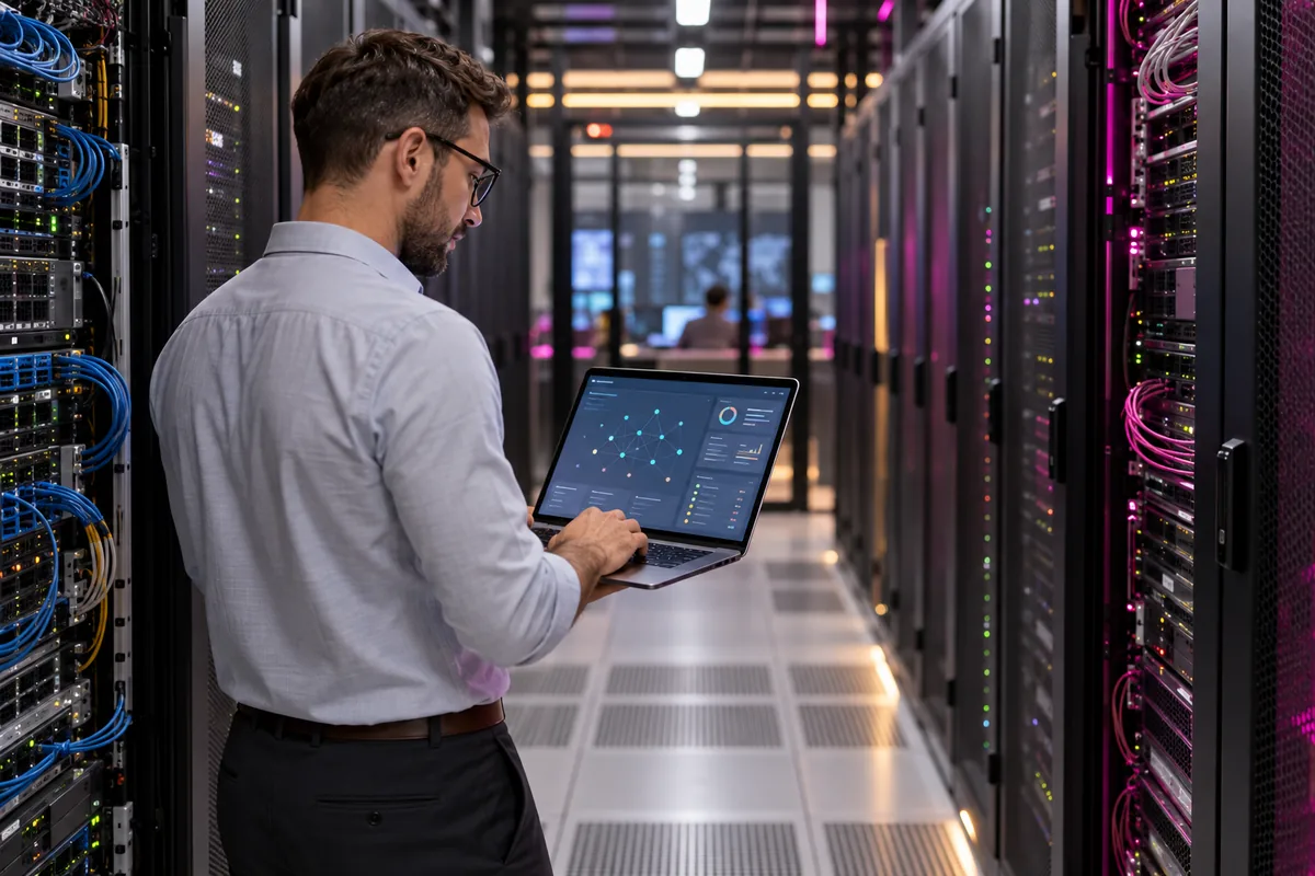 Engineer reviewing network scan results on a laptop between data center racks