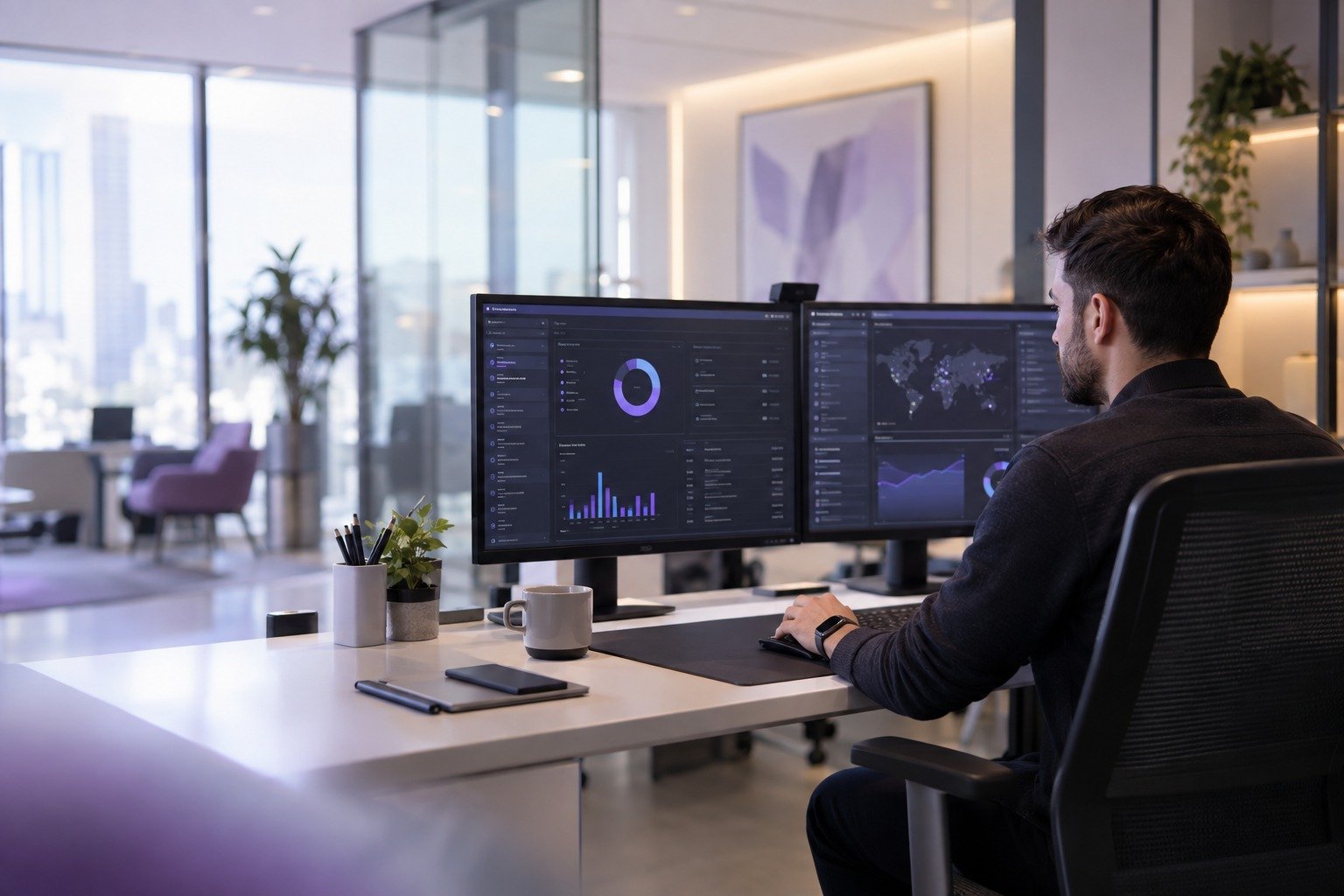 An IT operations specialist monitoring service performance from a dual-screen workspace