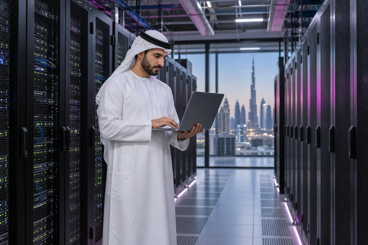 UAE IT specialist managing connected devices in a modern Dubai server room