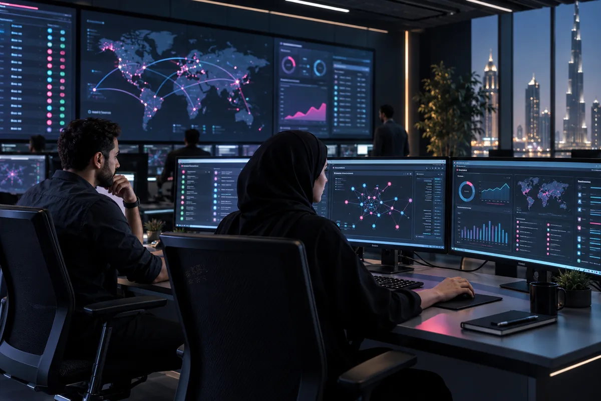 IT team monitoring network discovery dashboards in a Dubai network operations center