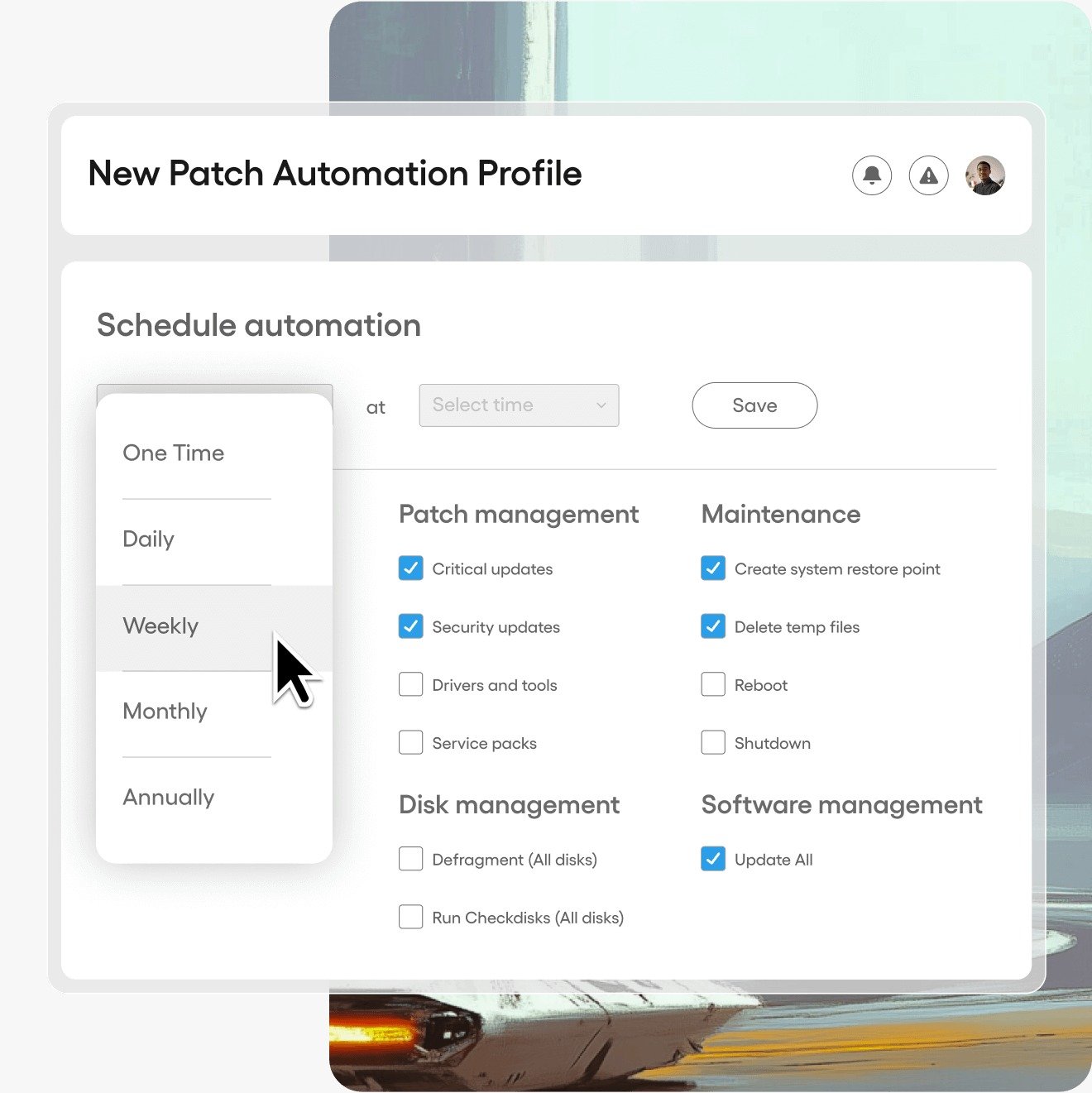 New patch automation profile screen showing schedule automation, patch management, maintenance, disk management, and software management options