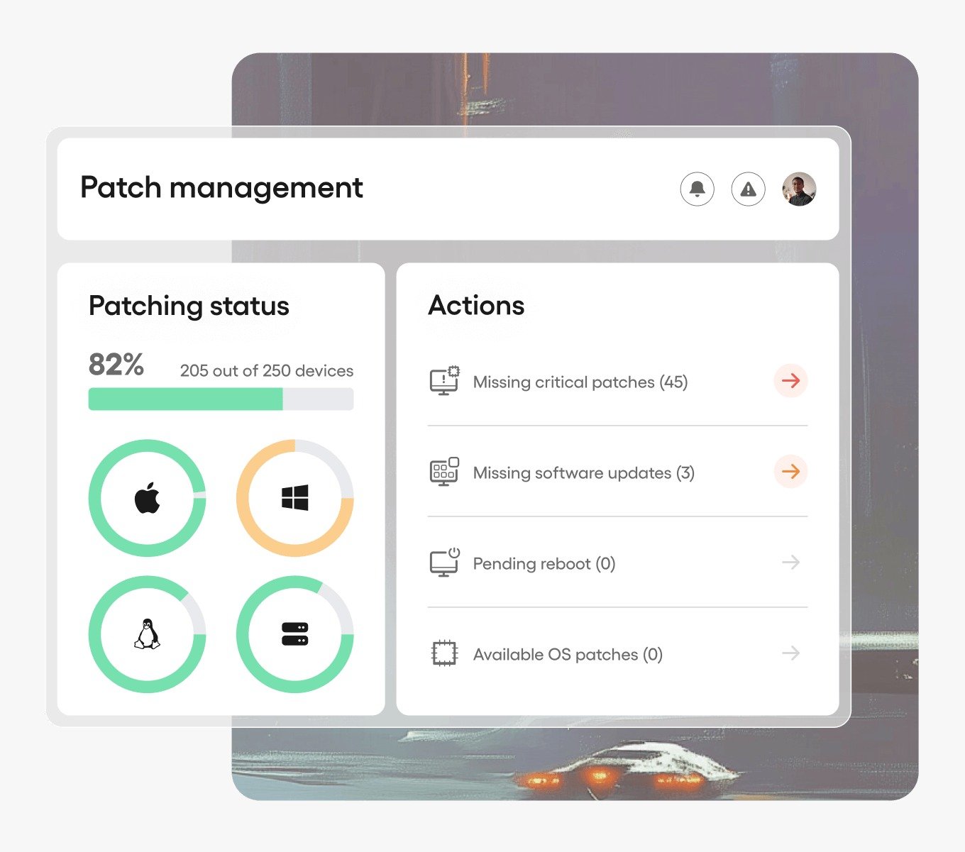 Patch management dashboard showing patching status across Windows, macOS, Linux, and server endpoints