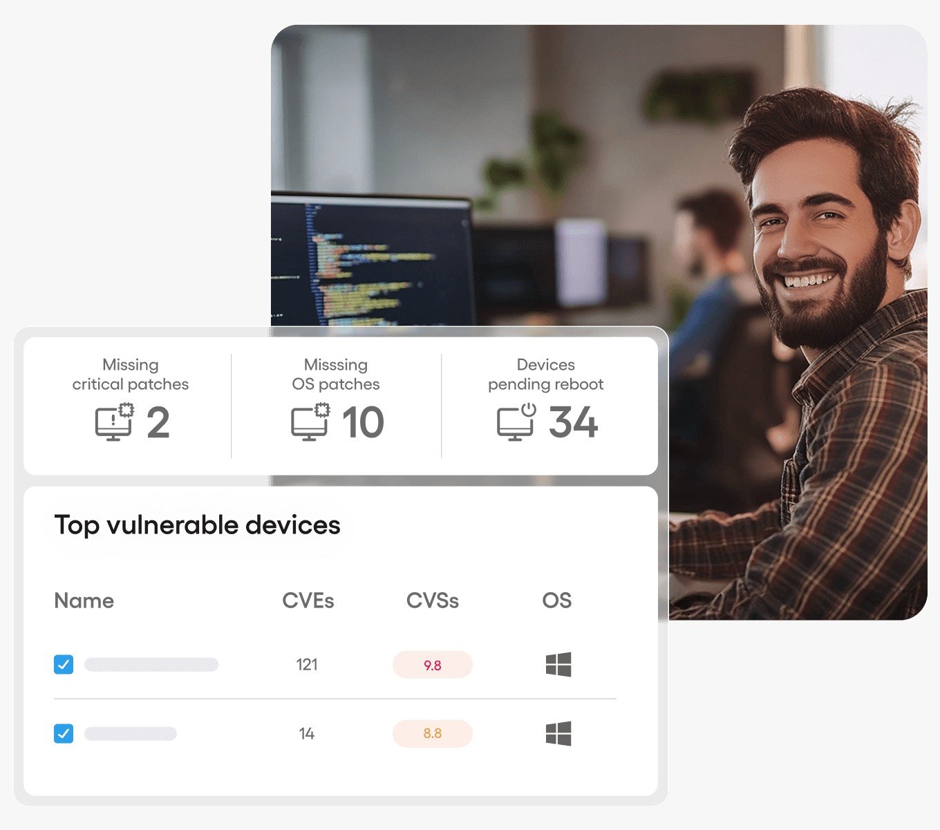 Dashboard showing missing critical patches, missing OS patches, devices pending reboot, and top vulnerable devices with CVE and CVSS scores