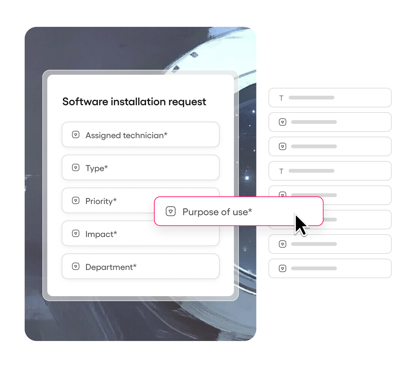 IT ticketing system request form for a software installation request with technician, type, priority, impact, and department fields