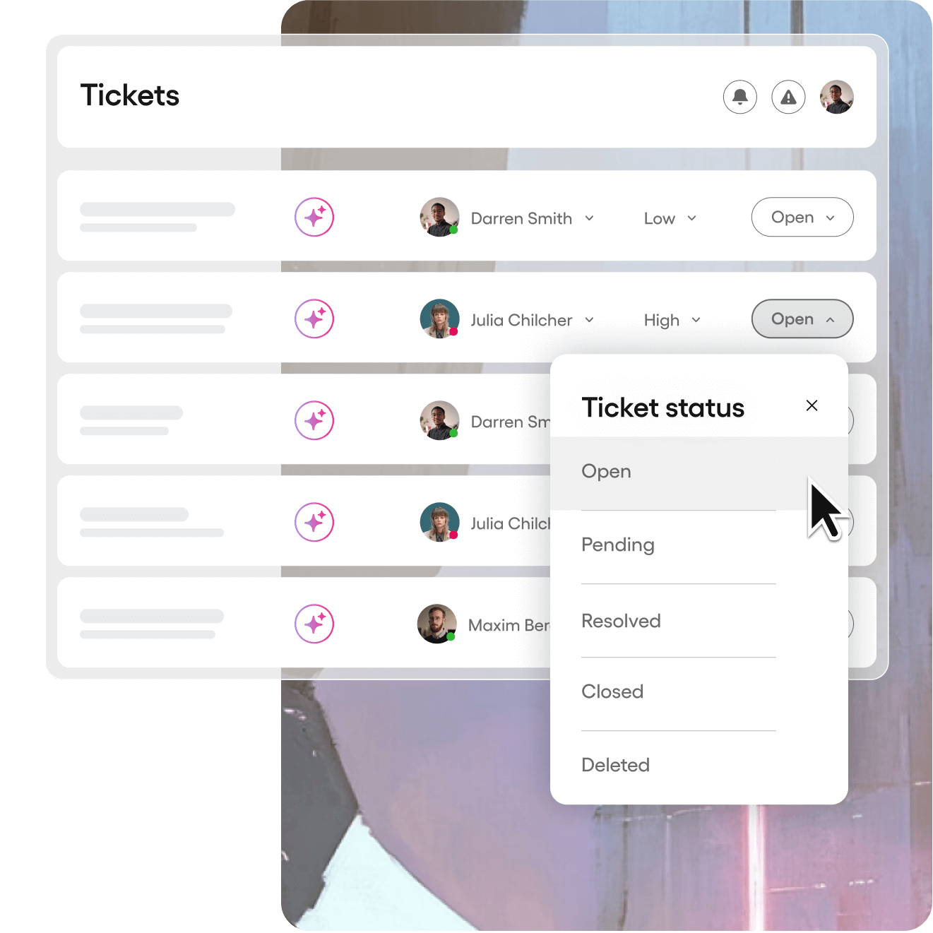 IT ticketing system interface showing tickets, assigned technicians, priorities, and a status menu