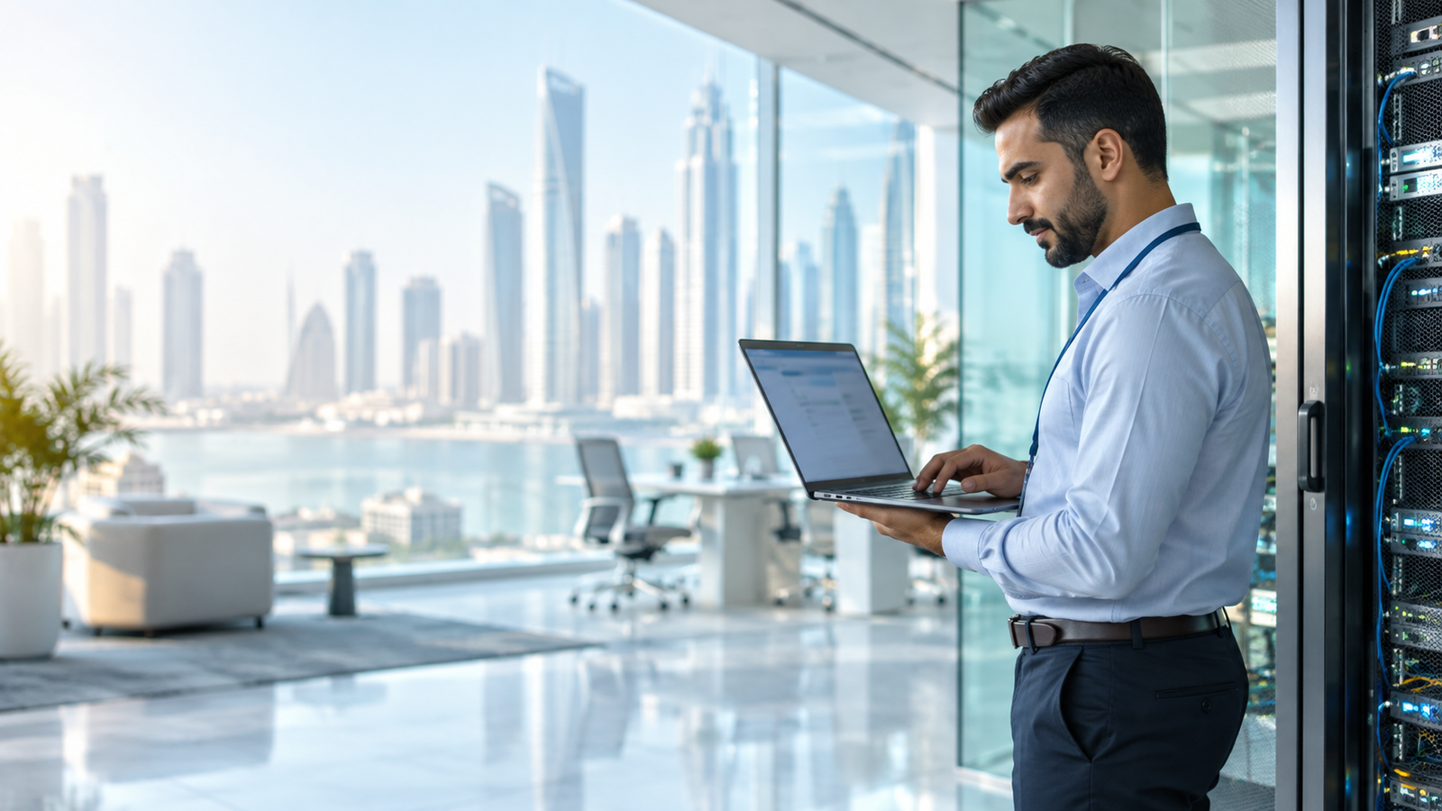 IT professional reviewing infrastructure in a modern office
