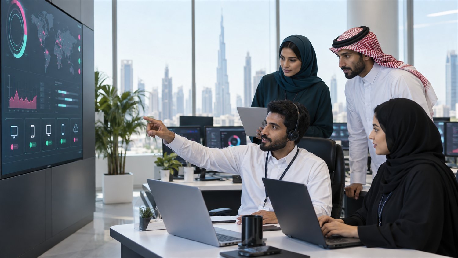 Regional IT team coordinating secure remote support from a modern operations room