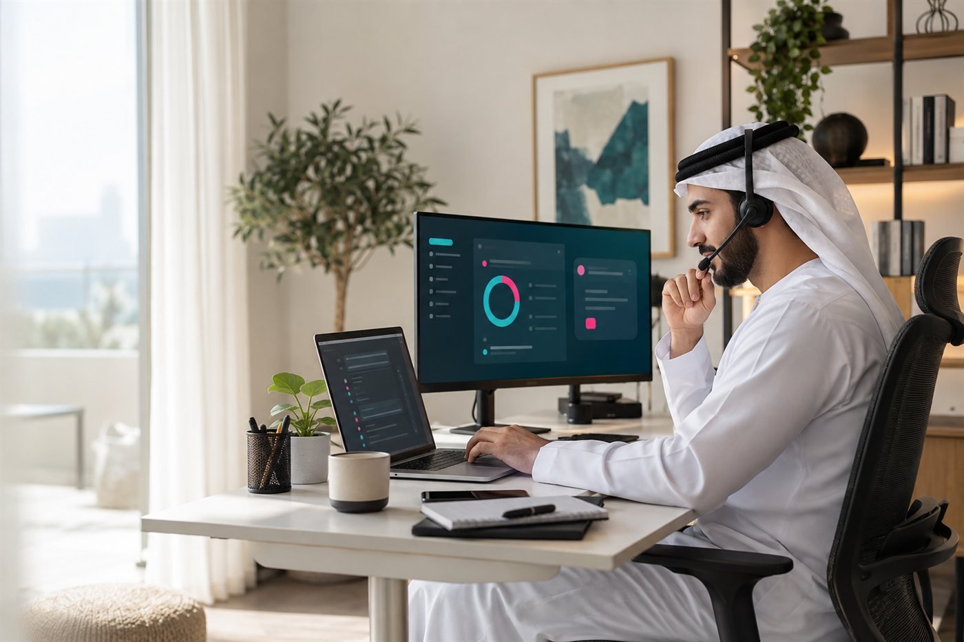 IT technician helping a remote employee from a bright home-office setup