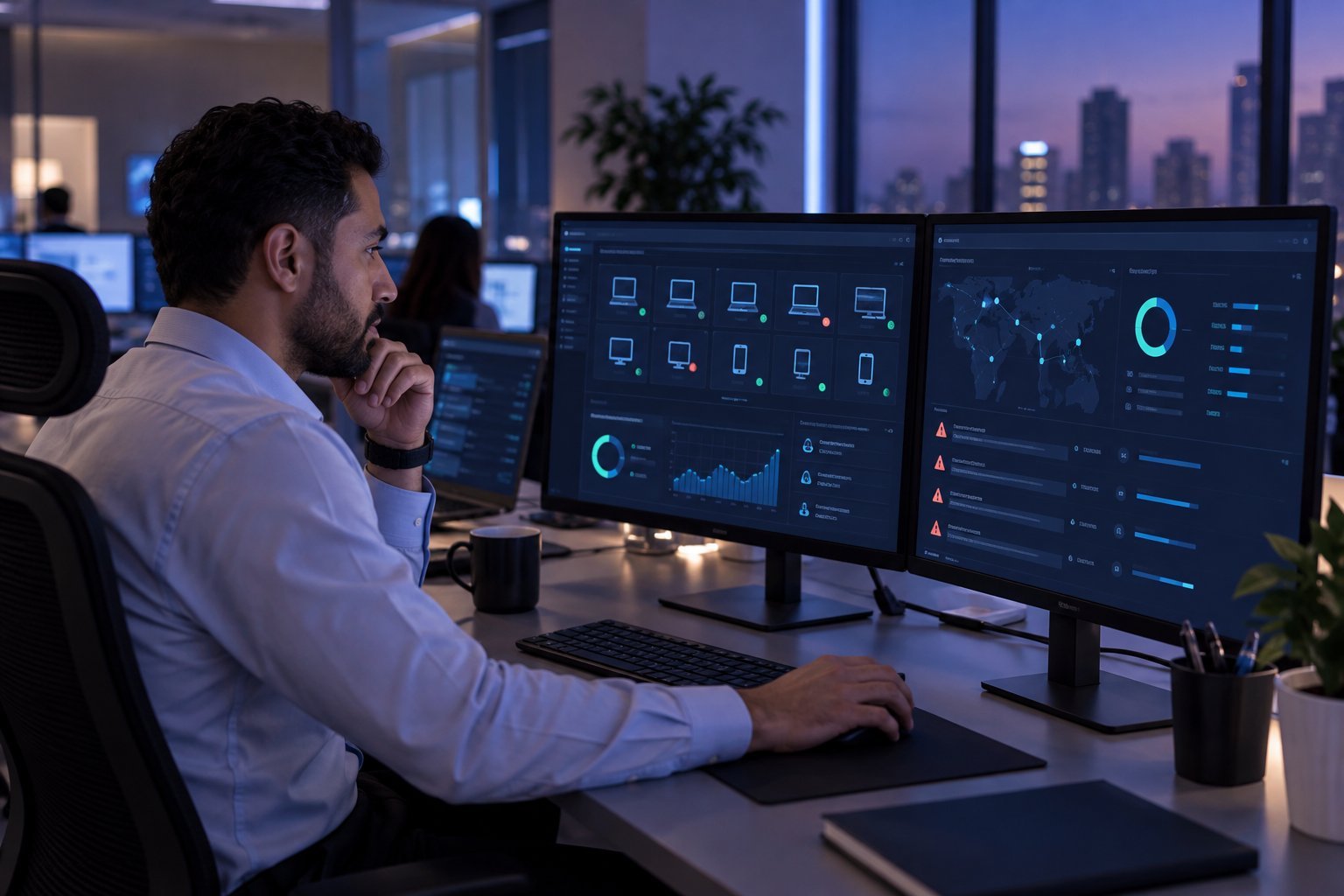 IT specialist reviewing endpoint inventory, network health and alert dashboards in a modern operations center