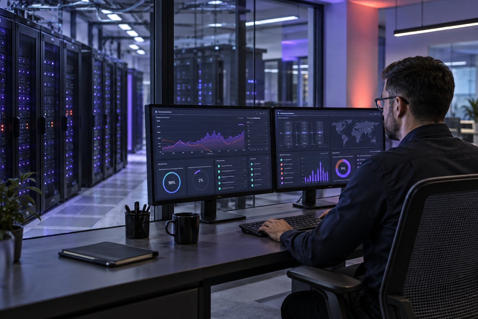 Infrastructure engineer reviewing live server and network dashboards in a modern data center