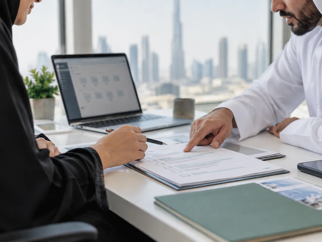 Consultant and client reviewing a document checklist beside a laptop