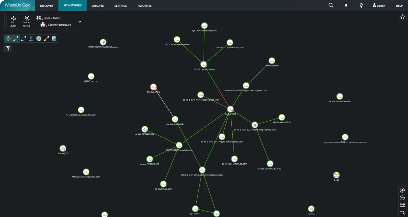 Progress WhatsUp Gold network topology and infrastructure visibility dashboard