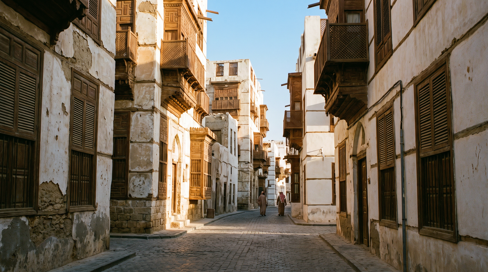 Historic Al-Balad street in Jeddah, Saudi Arabia, with traditional coral-stone houses and carved wooden roshan balconies