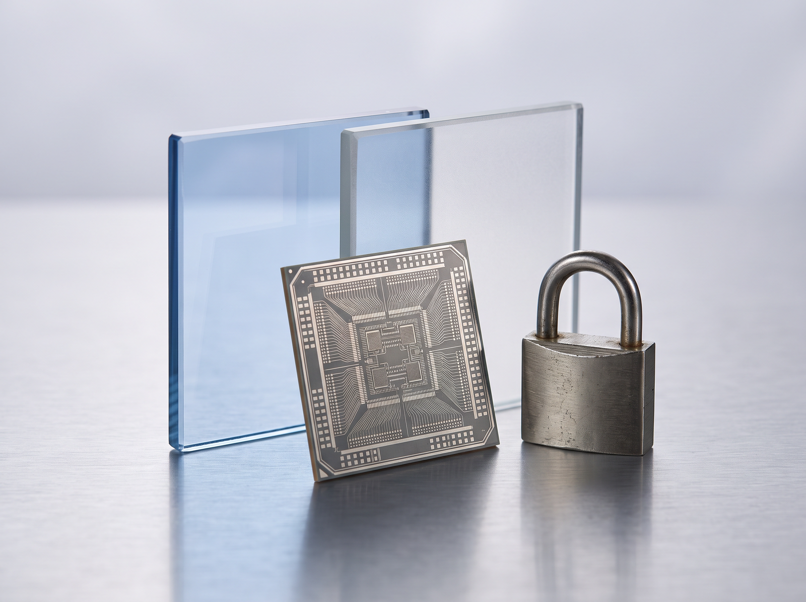 Glass panels, a processor chip and a steel padlock, representing secure migration of virtual desktops to Azure Virtual Desktop with Parallels RAS