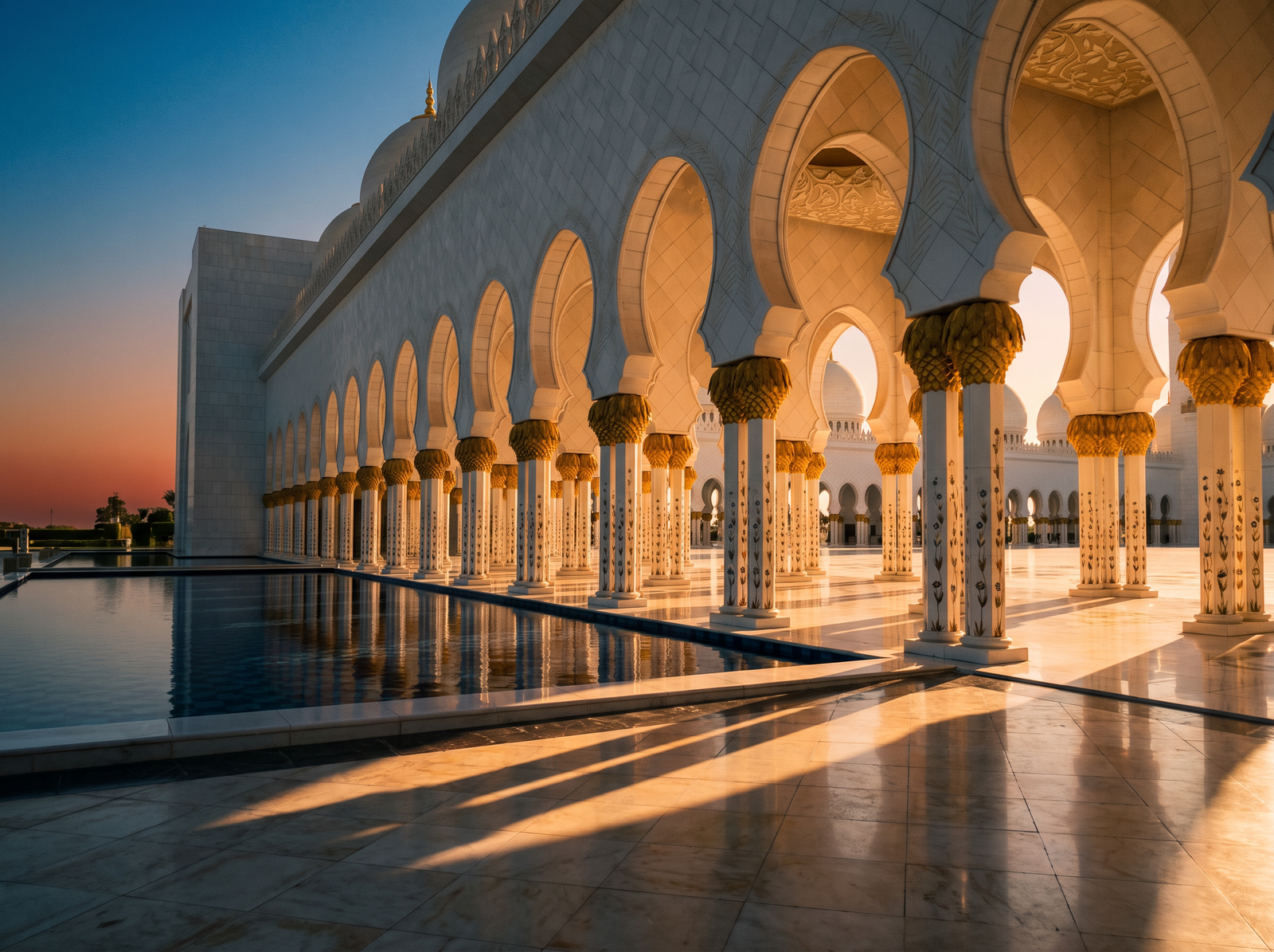 Arched marble colonnade of the Sheikh Zayed Grand Mosque in Abu Dhabi at golden hour