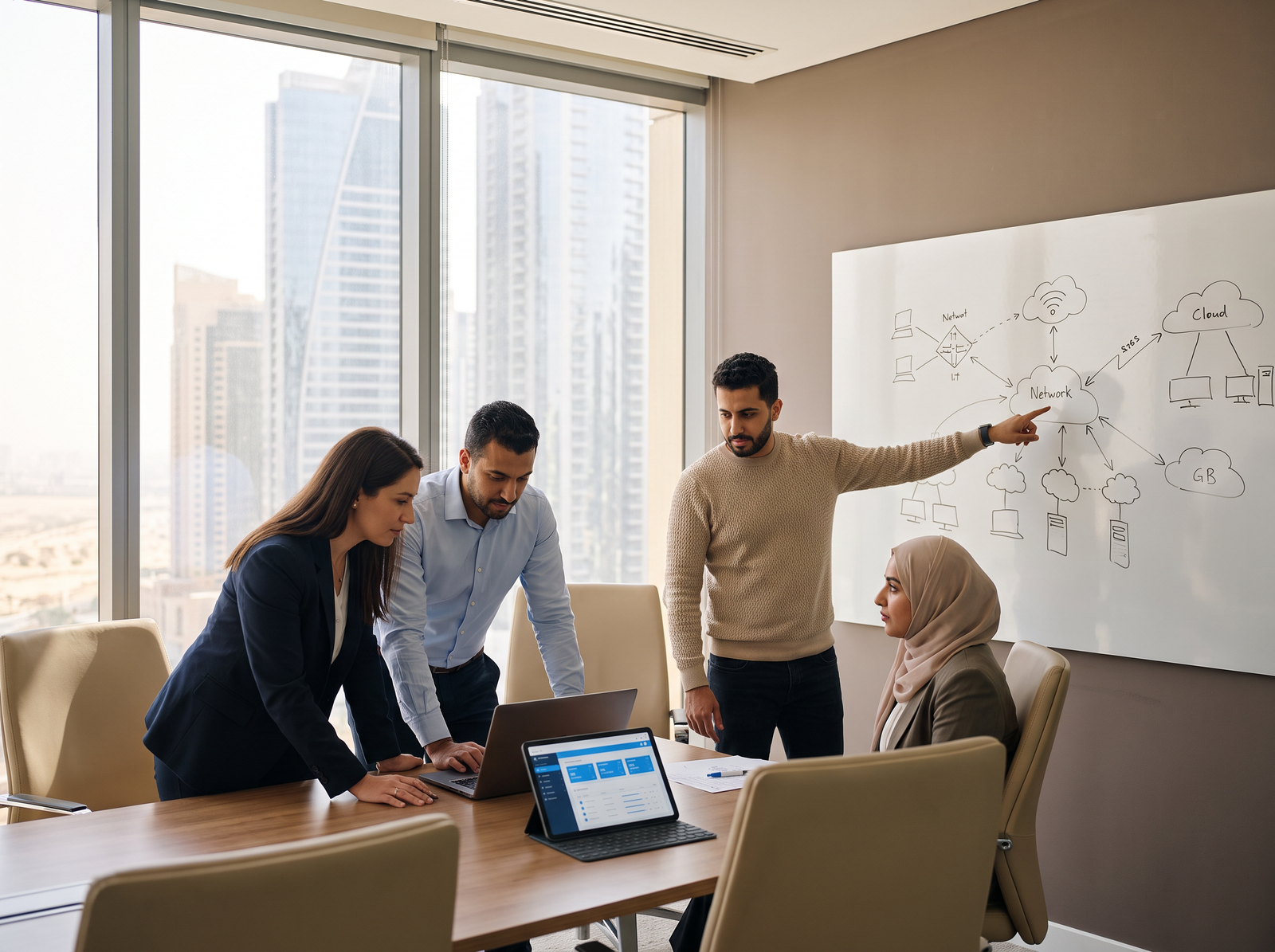Raidefend consultants in a Dubai meeting room planning a Parallels rollout with a client, reviewing a dashboard on a tablet beside a network and cloud diagram on the whiteboard