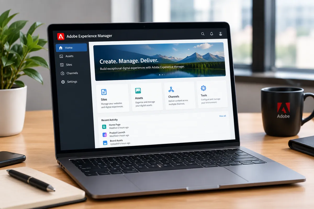Laptop showing the Adobe Experience Manager dashboard with Sites, Assets and Channels