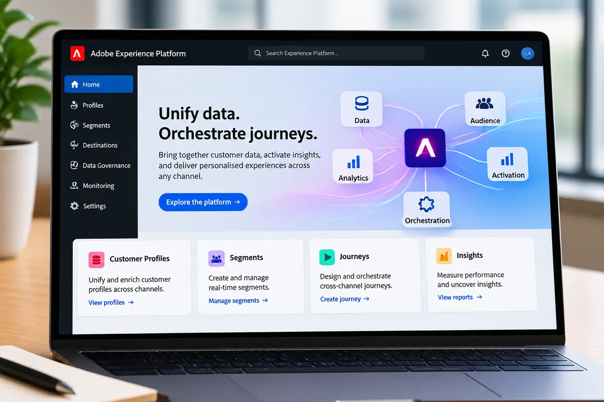 Laptop showing the Adobe Experience Platform home screen with data, audiences, analytics and activation connected around a central profile