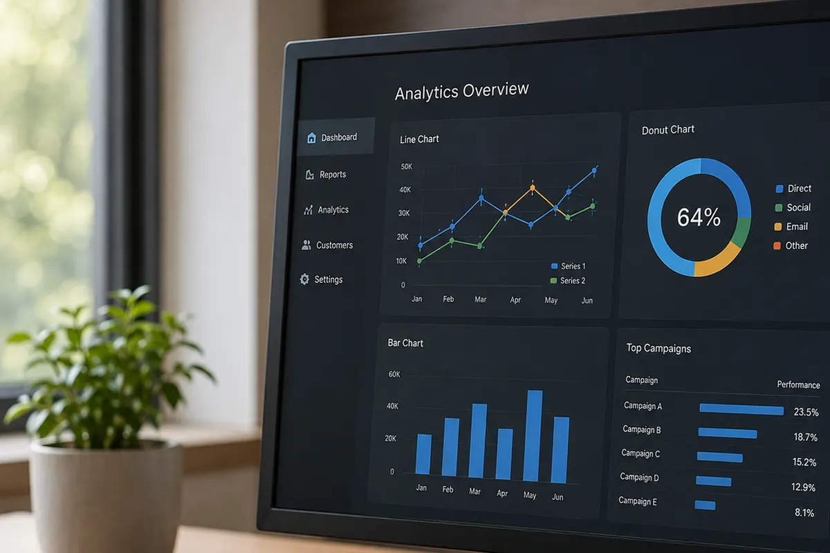 Monitor showing an analytics dashboard with line, donut and bar charts and a top campaigns table