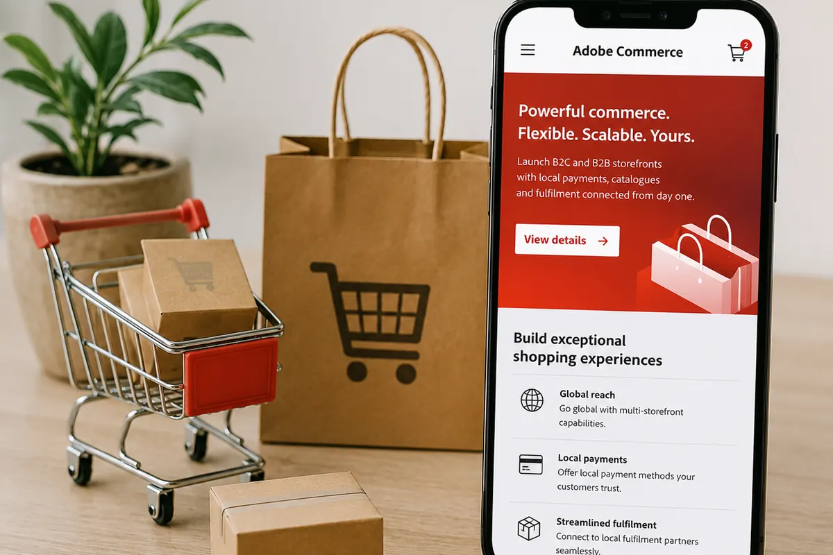 Smartphone showing an Adobe Commerce storefront beside a miniature shopping cart and a paper bag