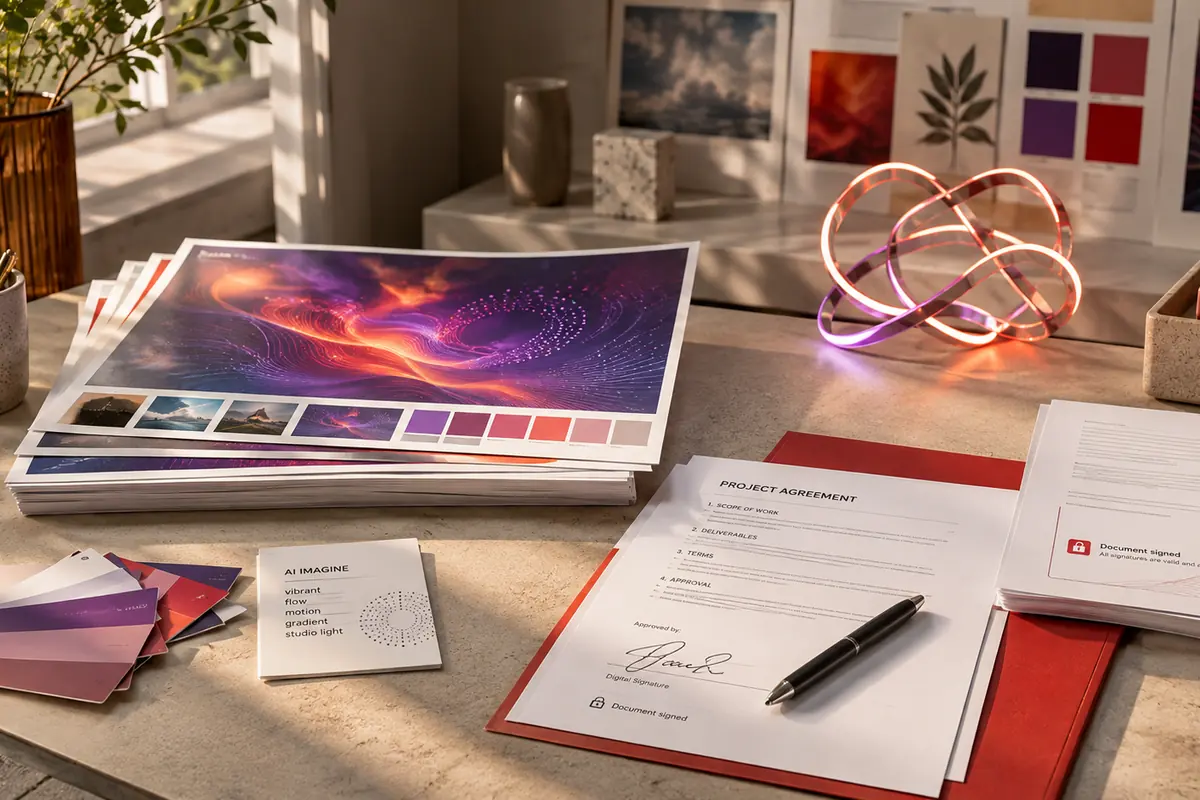 Desk with printed generative artwork, colour swatches and a signed agreement in a red folder